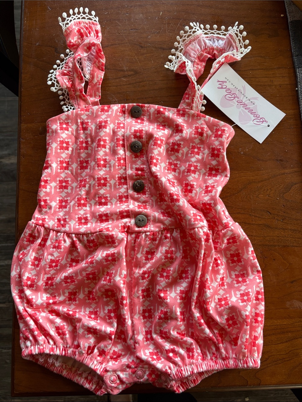 Bonnie Baby Pink Floral Bubble Romper with Lace Trim